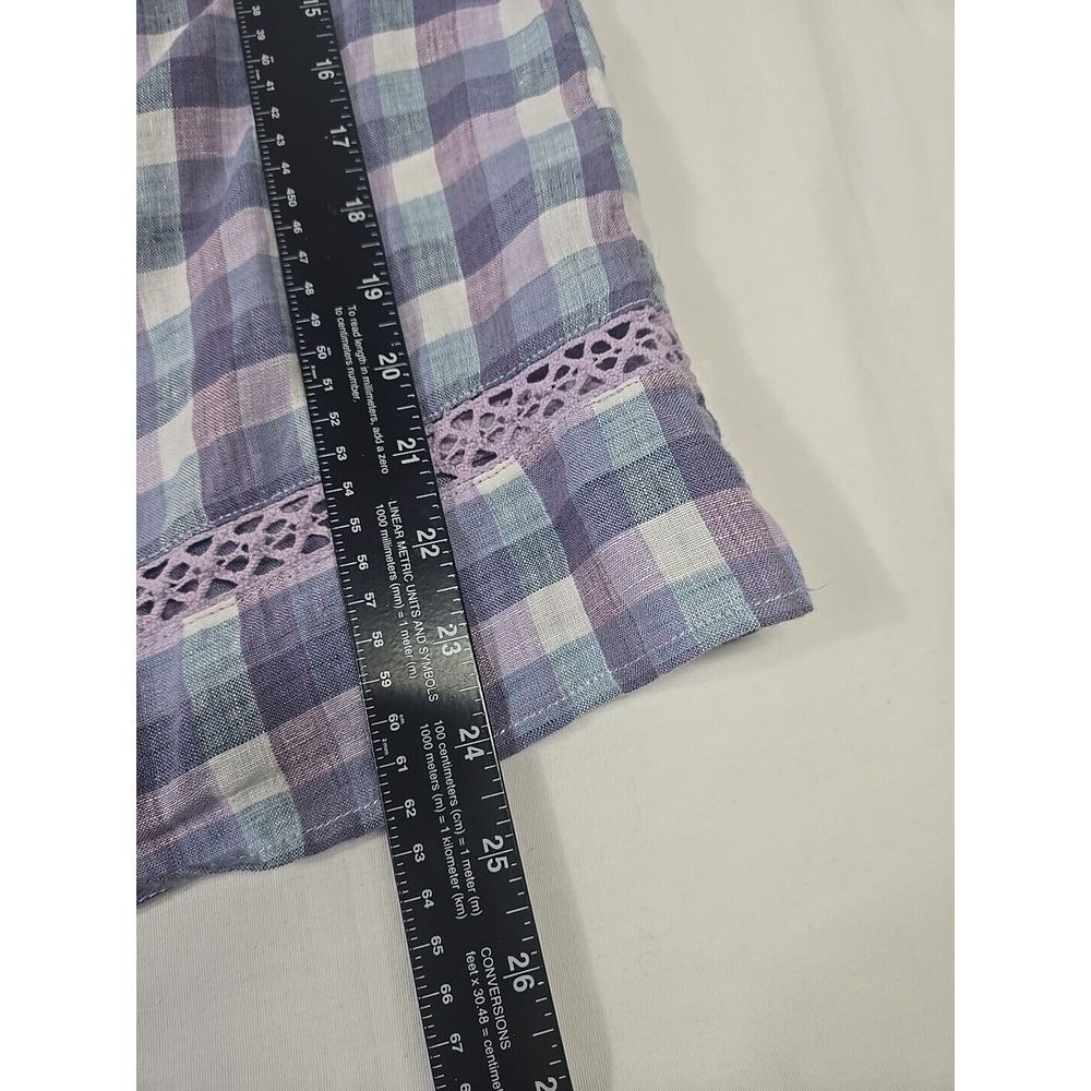 Chicos Size 2 Shirt Blue Plaid Linen Blouse V-Neck Loose‎ Bell Sleeve Womens L - Picture 7 of 7